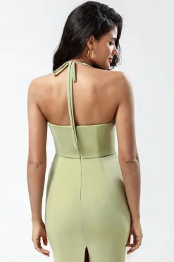 Halter Dusty Sage vestido de dama de honra com fenda