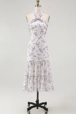 Halter floral azul uma linha babado midi vestido de dama de honra