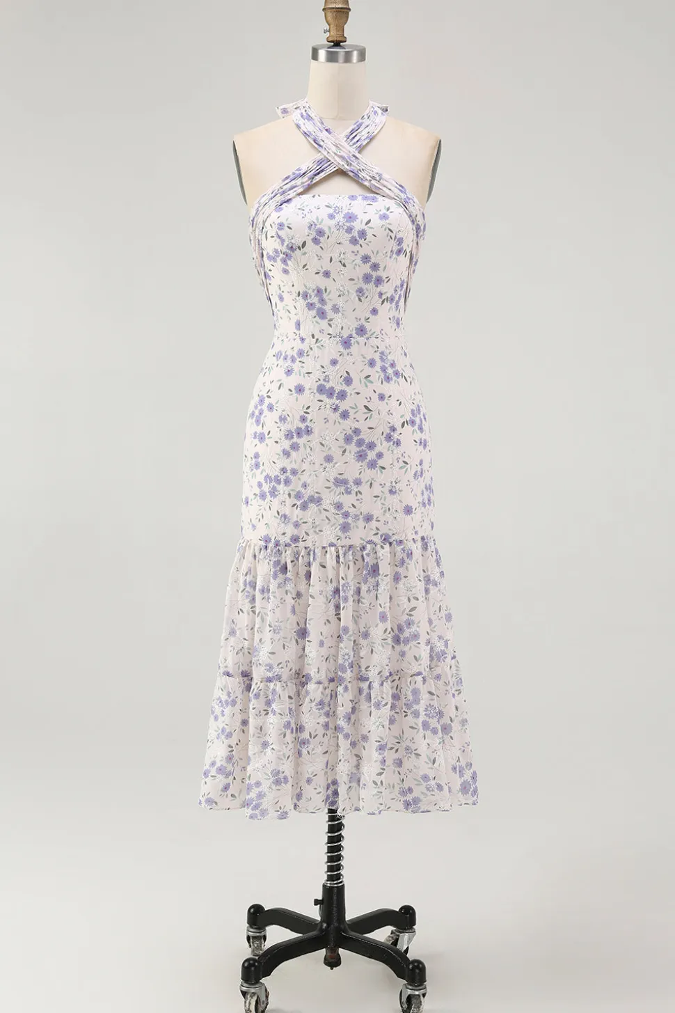 Halter floral azul uma linha babado midi vestido de dama de honra