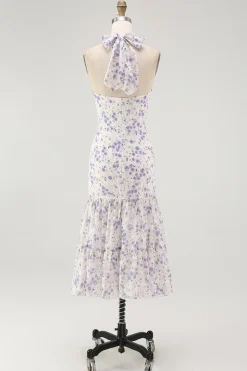 Halter floral azul uma linha babado midi vestido de dama de honra