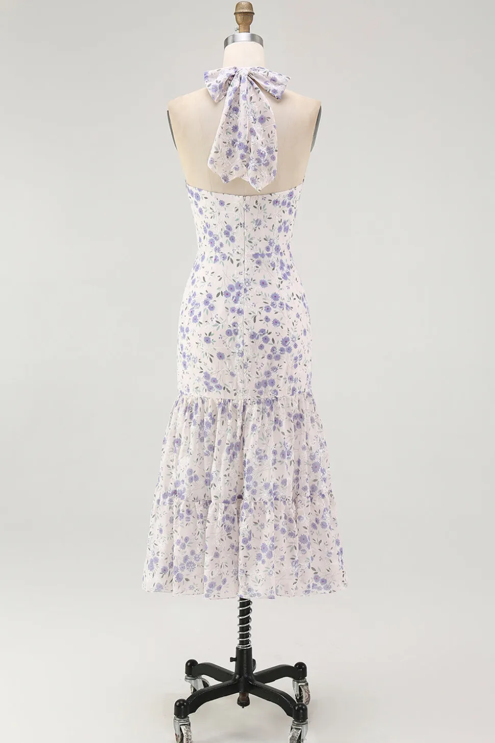 Halter floral azul uma linha babado midi vestido de dama de honra