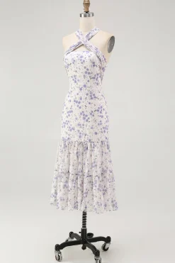 Halter floral azul uma linha babado midi vestido de dama de honra