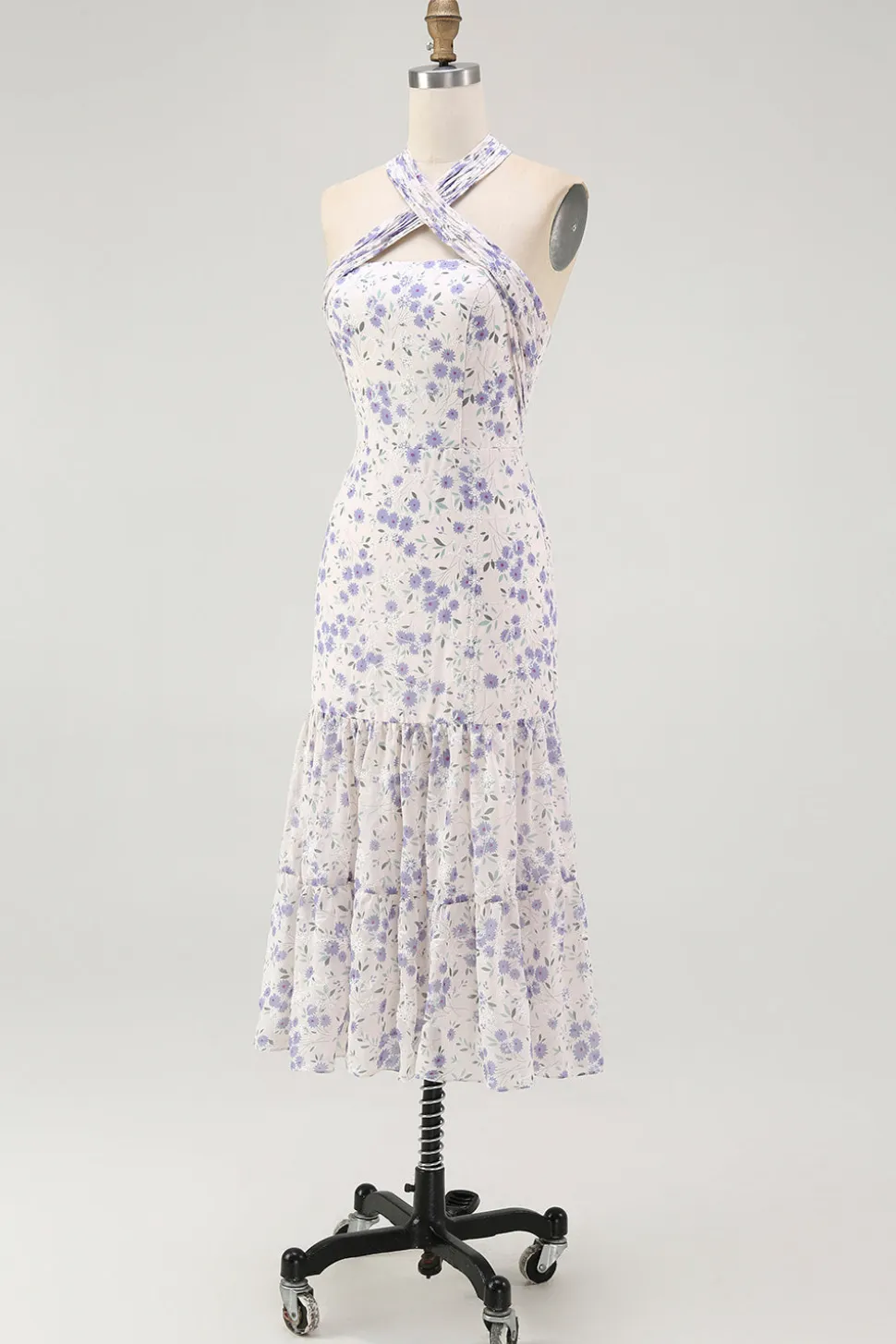 Halter floral azul uma linha babado midi vestido de dama de honra