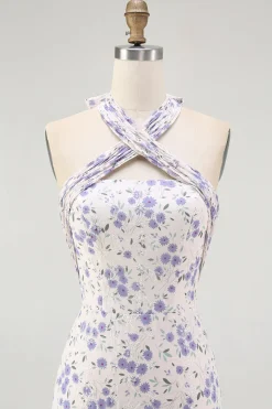 Halter floral azul uma linha babado midi vestido de dama de honra