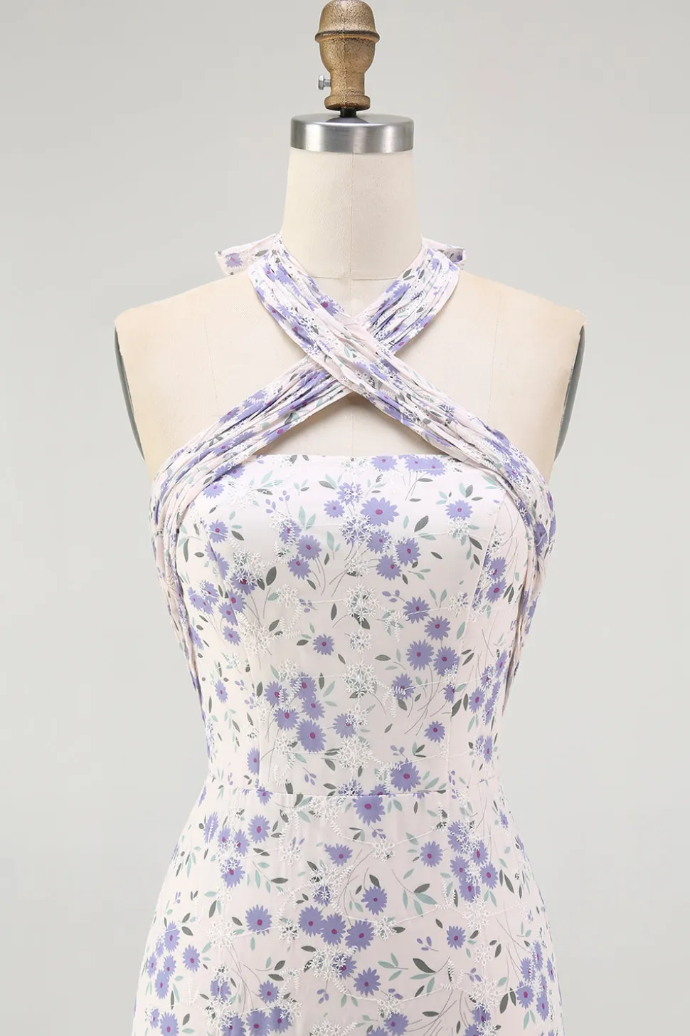 Halter floral azul uma linha babado midi vestido de dama de honra