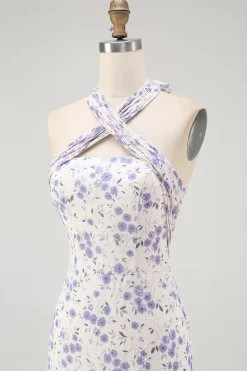 Halter floral azul uma linha babado midi vestido de dama de honra