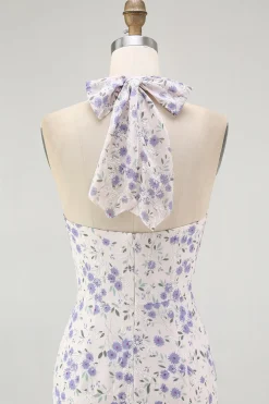 Halter floral azul uma linha babado midi vestido de dama de honra