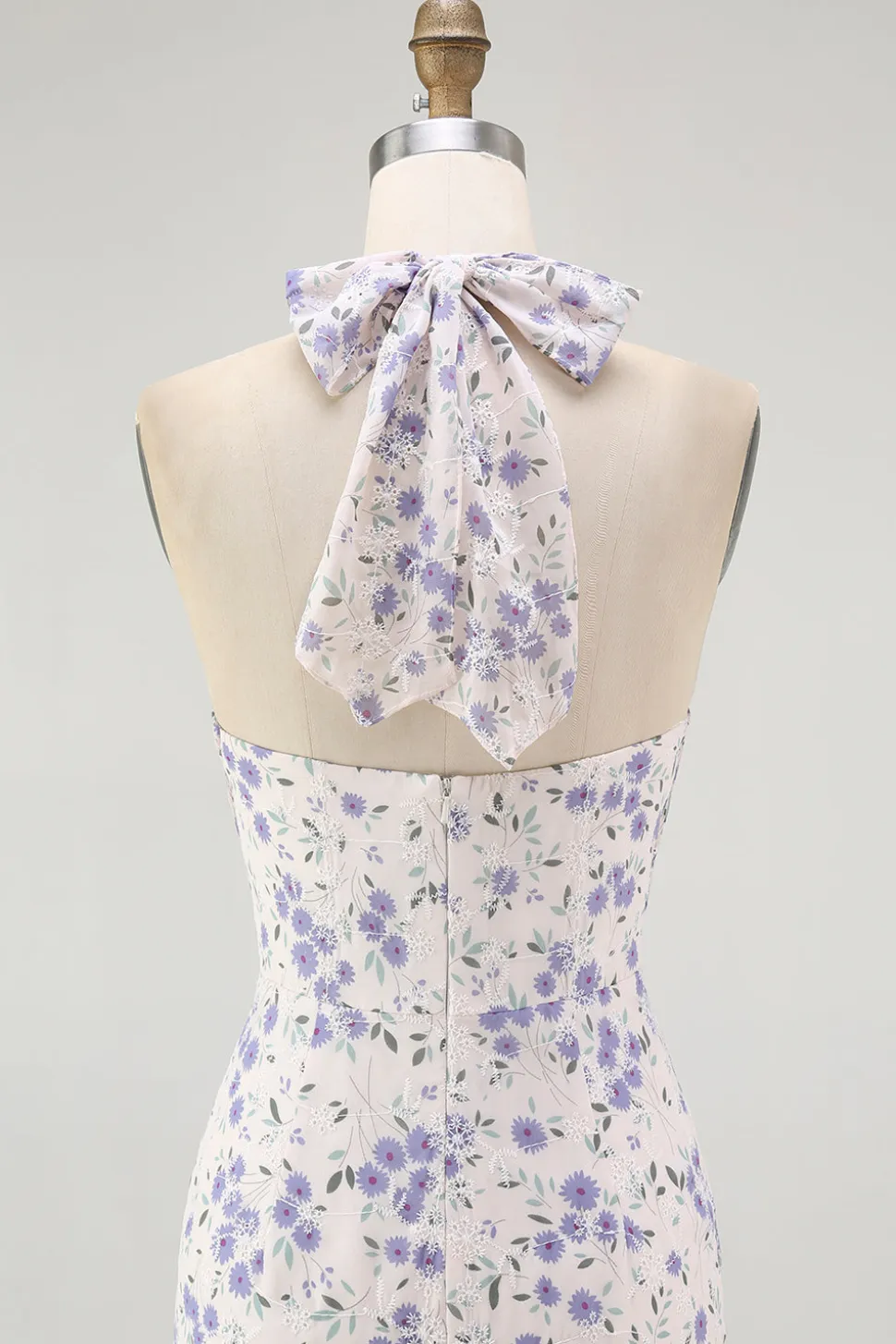 Halter floral azul uma linha babado midi vestido de dama de honra