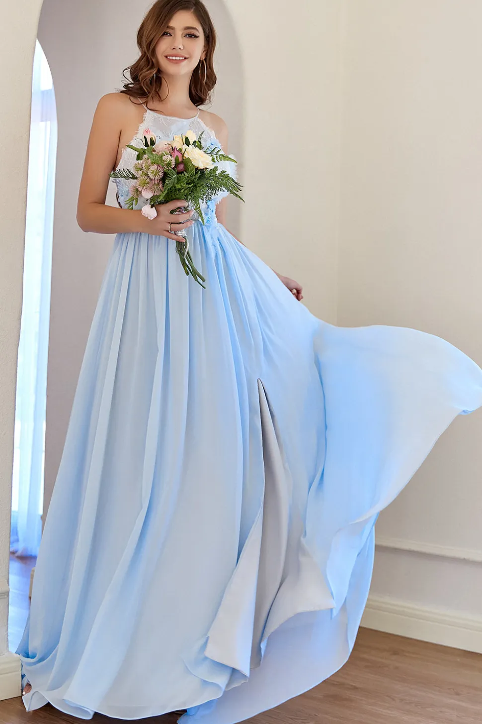 Halter Light Blue Bridesmaid Dress