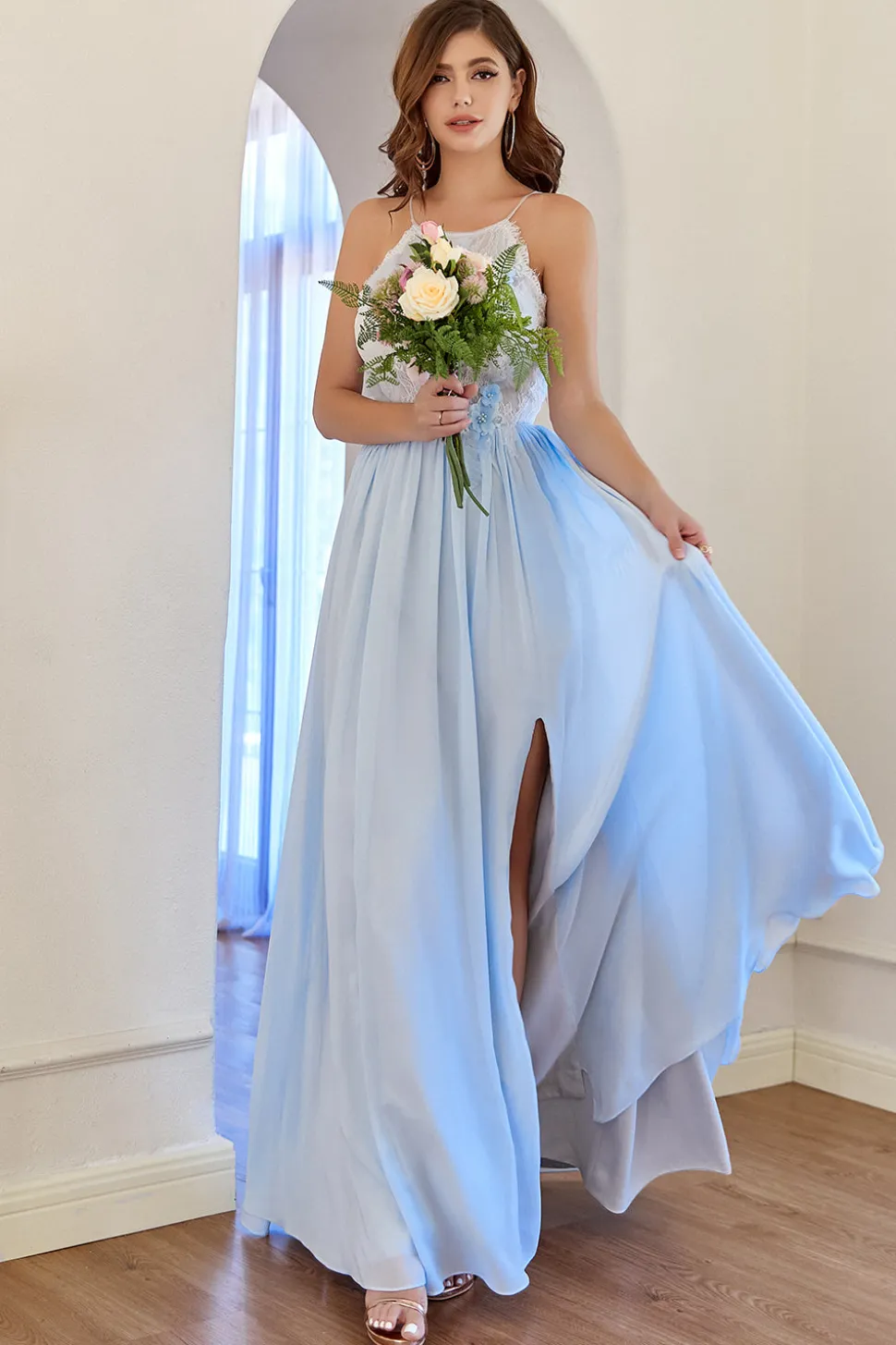 Halter Light Blue Bridesmaid Dress
