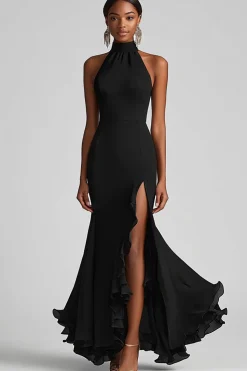 Halter Neck Black Ruffles Sereia Vestido Formal Longo com Fenda