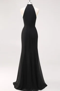 Halter Neck Black Ruffles Sereia Vestido Formal Longo com Fenda