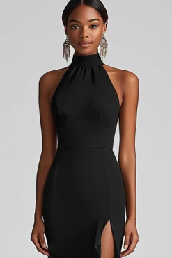 Halter Neck Black Ruffles Sereia Vestido Formal Longo com Fenda