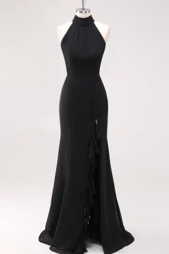 Halter Neck Black Ruffles Sereia Vestido Formal Longo com Fenda