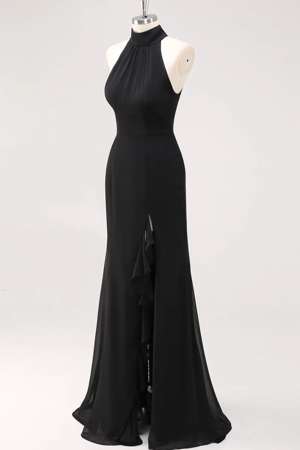 Halter Neck Black Ruffles Sereia Vestido Formal Longo com Fenda