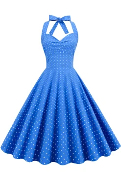 Halter Neck Blue Polka Dots Vintage Dress com Backless