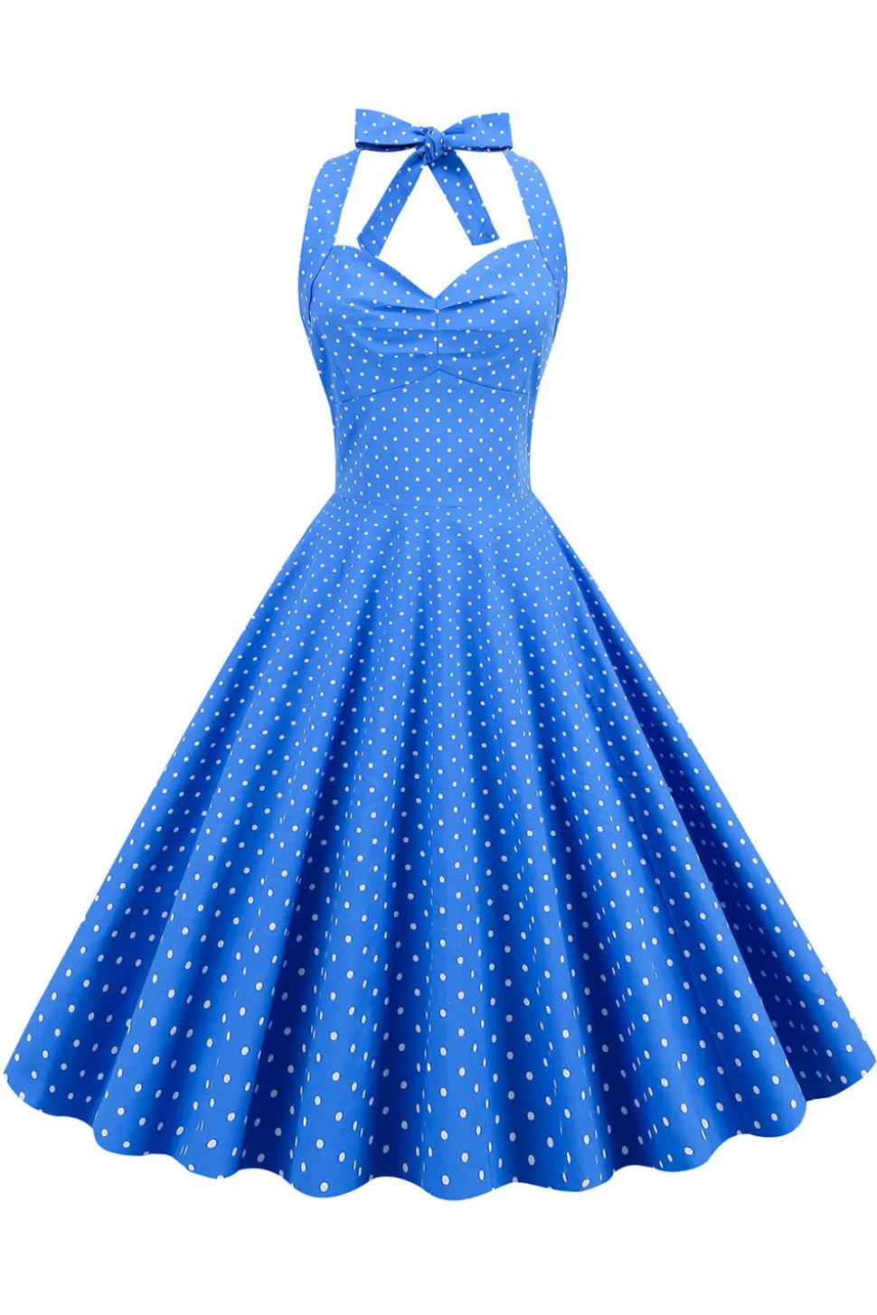 Halter Neck Blue Polka Dots Vintage Dress com Backless