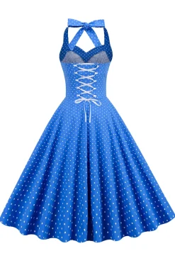Halter Neck Blue Polka Dots Vintage Dress com Backless