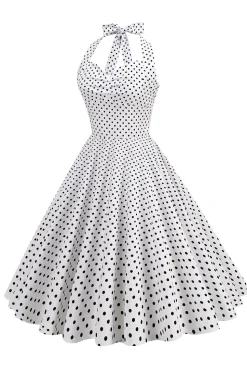 Halter Neck Blue Polka Dots Vintage Dress com Backless
