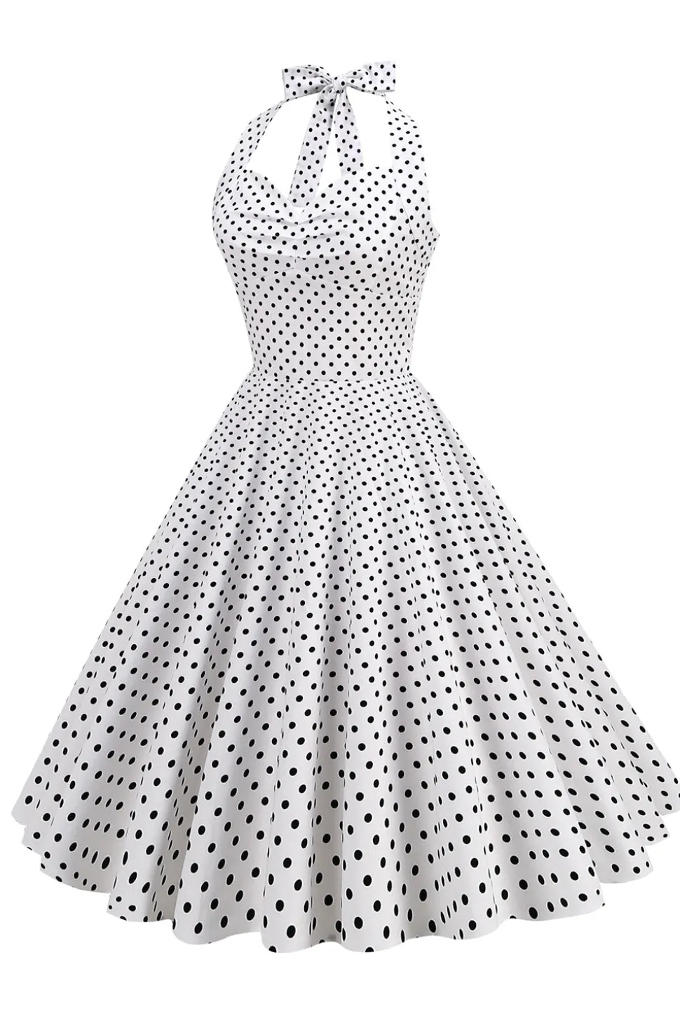 Halter Neck Blue Polka Dots Vintage Dress com Backless