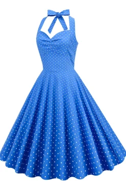 Halter Neck Blue Polka Dots Vintage Dress com Backless