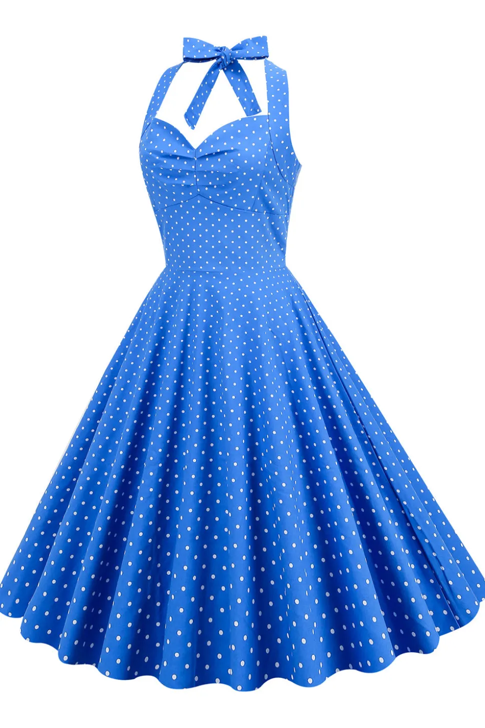 Halter Neck Blue Polka Dots Vintage Dress com Backless
