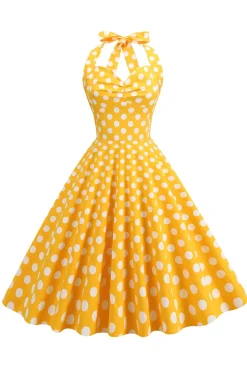 Halter Neck Blue Polka Dots Vintage Dress com Backless