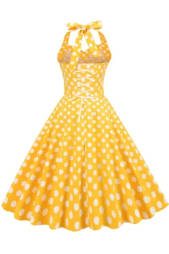 Halter Neck Blue Polka Dots Vintage Dress com Backless