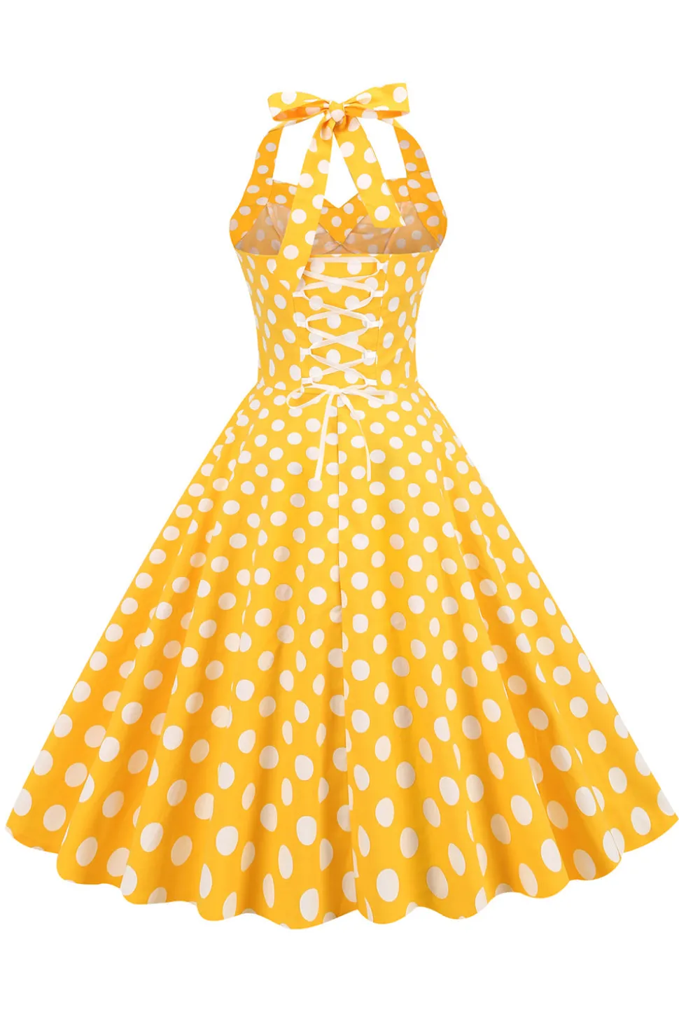 Halter Neck Blue Polka Dots Vintage Dress com Backless
