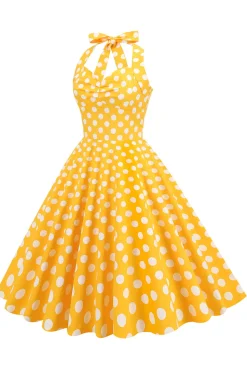 Halter Neck Blue Polka Dots Vintage Dress com Backless