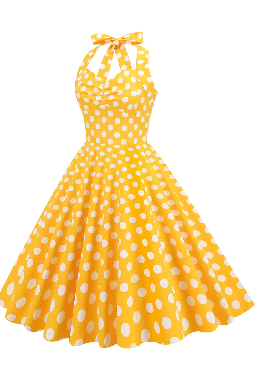 Halter Neck Blue Polka Dots Vintage Dress com Backless