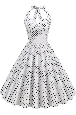 Halter Neck Blue Polka Dots Vintage Dress com Backless