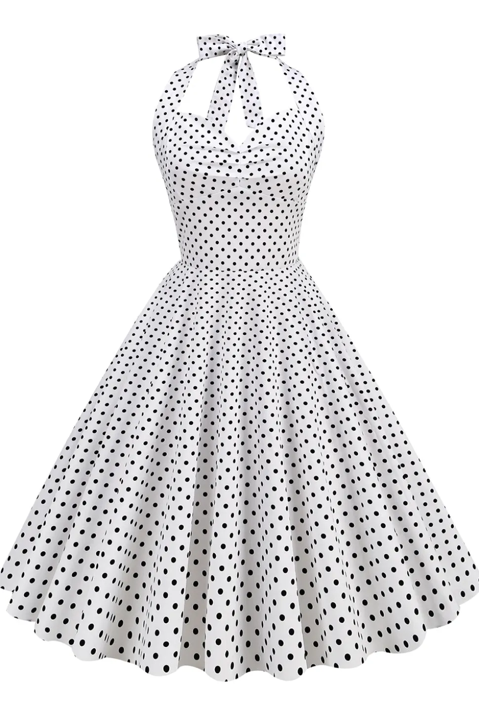 Halter Neck Blue Polka Dots Vintage Dress com Backless