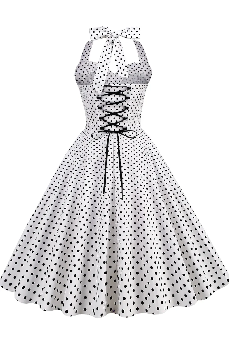 Halter Neck Blue Polka Dots Vintage Dress com Backless