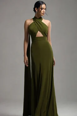 Halter Olive Chiffon Uma linha plissado vestido formal
