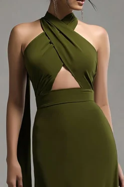 Halter Olive Chiffon Uma linha plissado vestido formal