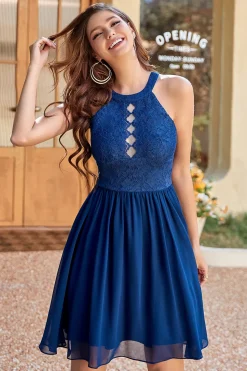 Halter Pescoço Vestido de Renda Da Marinha