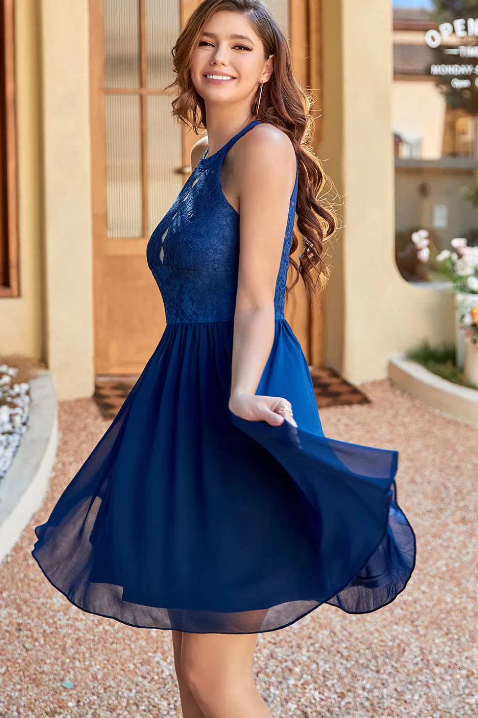 Halter Pescoço Vestido de Renda Da Marinha