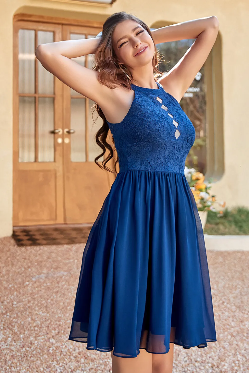 Halter Pescoço Vestido de Renda Da Marinha