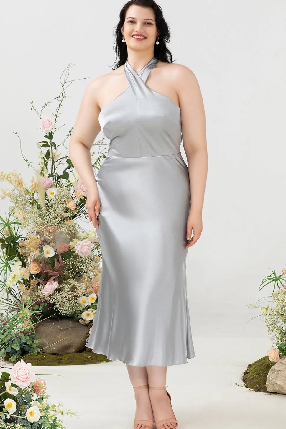 Halter Prata Tamanho Grande Vestido de Dama de Honor