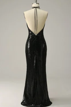 Halter Preto Lantejoulas Mais Tamanho Vestido de Festa