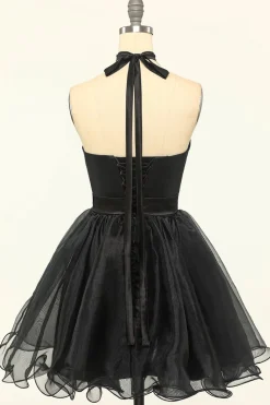 Halter Preto Tulle Short Prom Dress