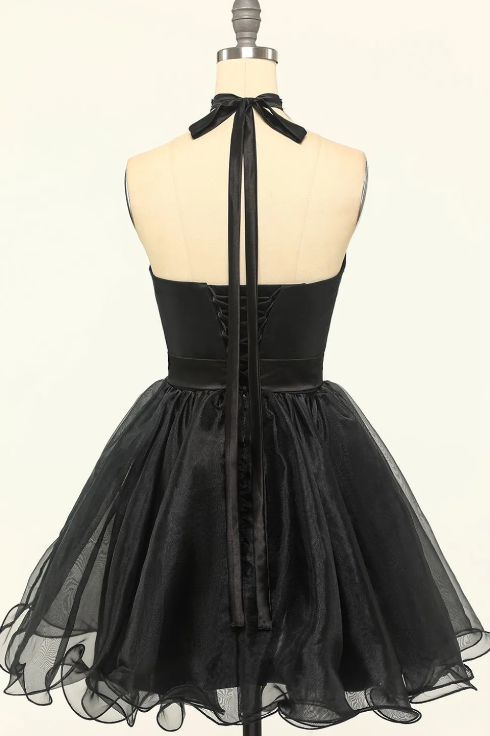 Halter Preto Tulle Short Prom Dress