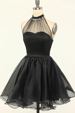 Halter Preto Tulle Short Prom Dress