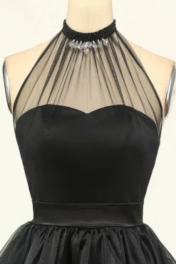 Halter Preto Tulle Short Prom Dress
