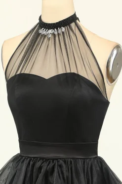 Halter Preto Tulle Short Prom Dress