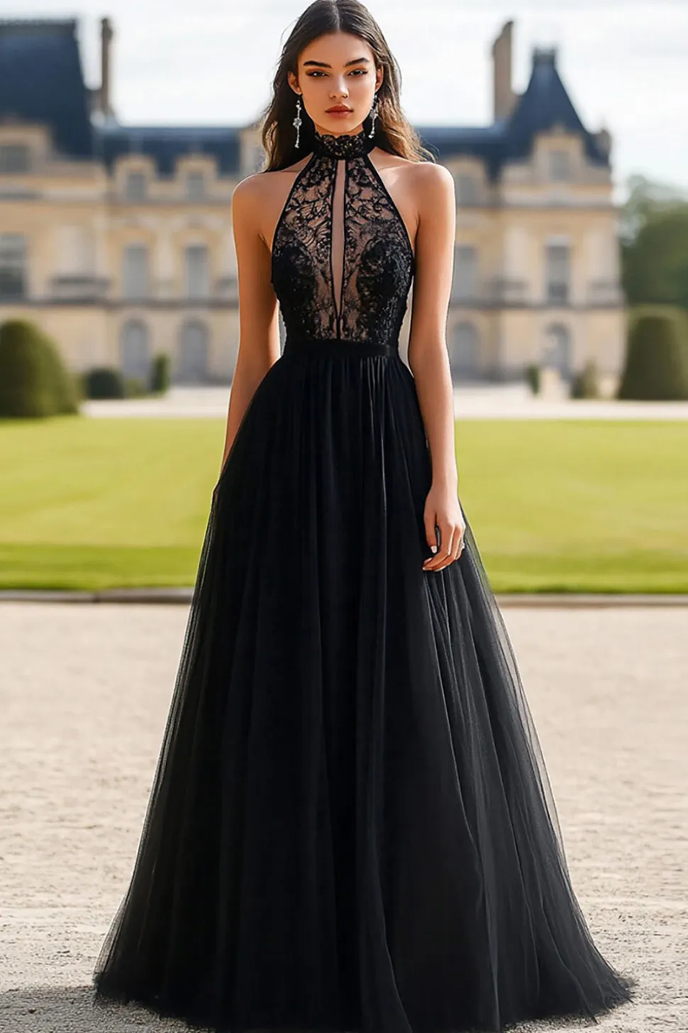Halter Preto Uma Linha Renda Tule Vestido de Baile
