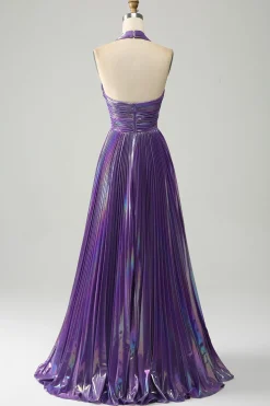 Halter roxo brilhante um vestido de baile de formatura de linha com pregas