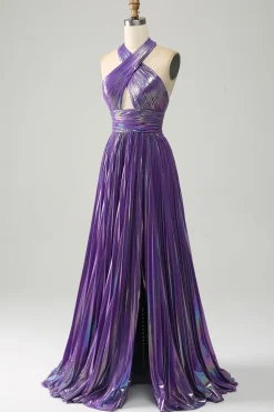 Halter roxo brilhante um vestido de baile de formatura de linha com pregas