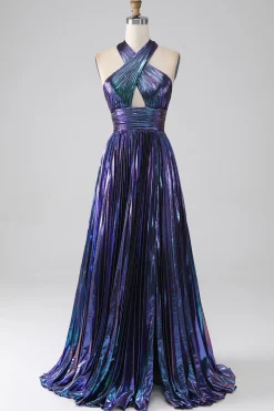 Halter roxo brilhante um vestido de baile de formatura de linha com pregas